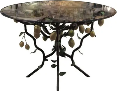 Produktbild von Casa Padrino Luxus Esstisch Schwarz / Gelb / Grün Ø 120 x H. 75 cm - Handgeschmiedeter Schmiedeeisen Tisch mit Glasplatte und Zitronenstrauch Gestell - Esszimmer Garten Terrassen Möbel