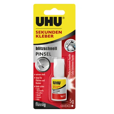 Produktbild von UHU® 45545 Sekundenkleber blitzschnell mit Pinsel - Flasche mit 5 g, Infokarte(P)