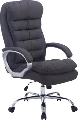 A dark gray office chair with silver accents is shown against a white background.