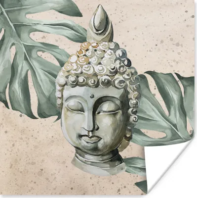 Produktbild von MuchoWow® Poster Buddha - Kopf - Blätter 50x50 cm - Wohnzimmerdekoration