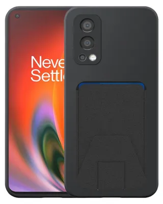 A black phone case with a card slot is shown next to a smartphone.