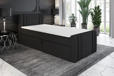 Produktbild von Boxspringbett, Jugendbett KLAUS 80x200 (Rechts) mit Bettkästen, Bonell-Matratze und Topper. Farbe: Schwarz.