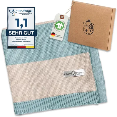 Produktbild von Minky Mooh Babydecke Baumwolle, Kuscheldecke, Strickdecke, Krabbeldecke & Puckdecke, Erstausstattung, 94x72 cm, Mint