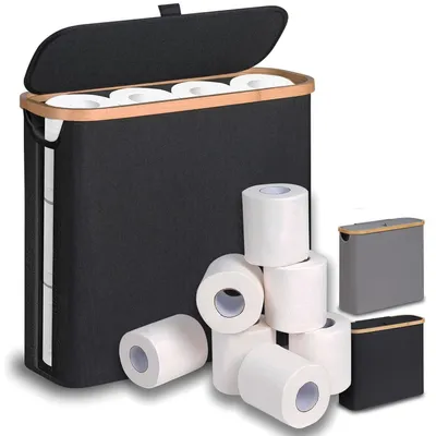 Produktbild von Toiletten-Ersatzrollenhalter 28 L Toilettenpapier Aufbewahrungskorb mit Bambusdeckel Schmaler Badezimmer Organizer für 9–12 Rollen Klopapier,faltbarer