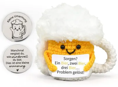 Productafbeelding van Gehaakte biertje-knuffel, anti-stress cadeau, geel, met sleutelhanger