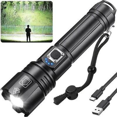 Produktbild von LED-Taschenlampe mit 20.000 Lumen extrem hell - zoombare Taschenlampe mit 5 Lichtmodi IPX6 wasserdicht für Camping Wandern - mit Akku