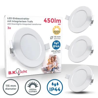 Produktbild von Einbauspot 100mm 3er Set - 230V, 6W, 450lm, LED, IP44, warmweiß, weiß