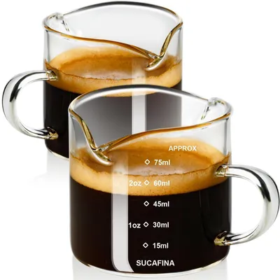 Immagine prodotto di Tazze per espresso da 75 ml, in vetro borosilicato, set da 2, con manico | Bocca a doppia V, doppia scala, resistenti al calore