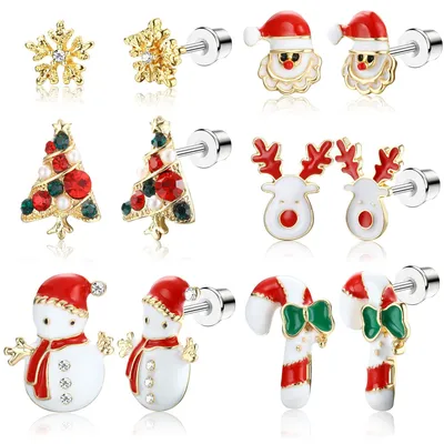 Image de Lot de 6 paires de boucles d'oreilles de Noël hypoallergéniques pour femmes et filles