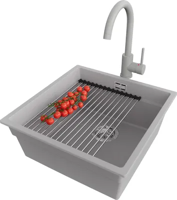 Produktbild von PRIMAGRAN Granitspüle Grau 46x47cm, Spülbecken 1 Becken + Küchenarmatur 32x20cm + Ablauf-Set + Küchenzubehörset, Küchenspüle ab 50er Unterschrank - Praga Slim