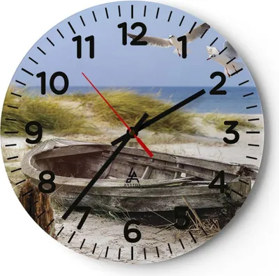 Produktbild von Wanduhr - Rund - Glasuhr - Strand Möwen Łódź - 30x30cm - Schleichendes Uhrwerk - Lautlos - zum Aufhängen bereit - Dekoration Modern - Wanddekoration aus Glas - C4AR30x30-4170