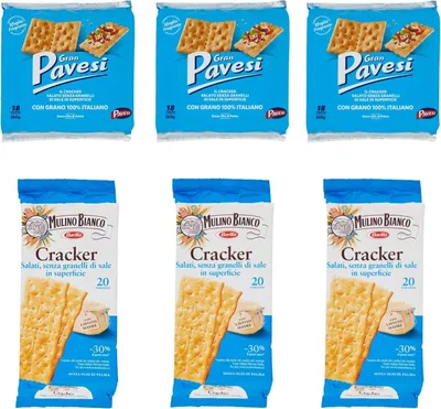 Produktbild von 3x Gran Pavesi Crackers mit weniger Salzgehalt 560g + 3x Mulino Bianco Crackers mit weniger Salzgehalt 500g
