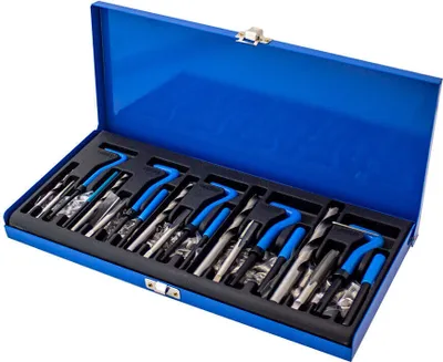 A blue metal case containing a set of thread repair tools.