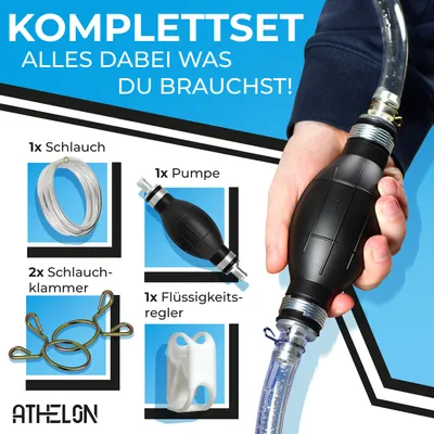 Produktbild von ATHELON® Handpumpe für Benzin, Diesel, Wasser & Öl - XL Umfüllpumpe inkl. Flüssigkeitsregler und 2m Schlauch - Verbesserte Schlauchpumpe [2024] - Zuverlässig & Auslaufsicher