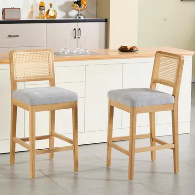 Productafbeelding van Barstoelen, set van 2, grijs, met rieten rugleuning en houten poten, bekleed met linnen