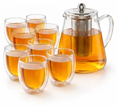 Produktbild von Arendo Teekanne Glas 1,2 l, Edelstahlsieb und 8 Thermogläsern 450 ml, doppelwandige Gläser ohne Henkel, aus Borosilikatglas, Glaskanne, 10 Teile, transparent-silber