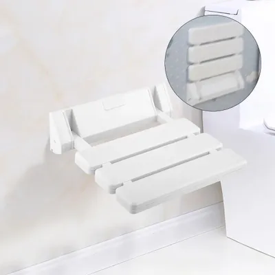 Obrázok produktu pre Sklopná stolička na stenu – stolička na obúvanie – sklopná v uhle 90° – čalúnená – s nastaviteľnou výškou – otočná – nosnosť 130 kg – rozmery 32×34 cm – biela
