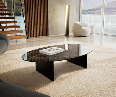 Produktbild von DELIFE Couchtisch Edge Oval 140x80 cm Keramik Emperador Extra Lucidato Dunkelbraun Salto Metall Schwarz