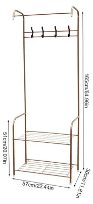Zdjęcie produktu dla Wieszak na ubrania – stojąca garderoba – 2 półki – 4 haczyki – metal – 165 x 67 x 30 cm – kolor brązowy