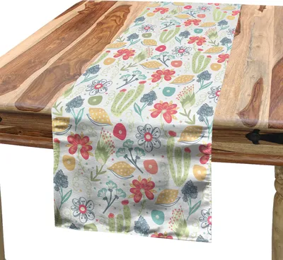 Produktbild von ABAKUHAUS Frühling Tischläufer, Schöne Pastell tonte Gekritzel mit süßem Laub und Flora Blumen Kakteen Blätter, 40 x 180 cm, Mehrfarbig