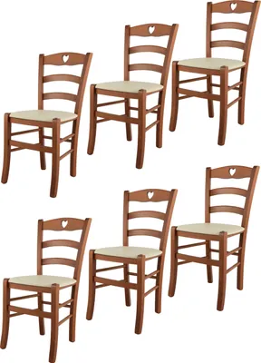 Produktbild von t m c s Tommychairs - 6er Set Stühle CUORE für Küche und Esszimmer, Robuste Struktur aus lackiertem Buchenholz im Farbton Kirschholz und gepolsterte Sitzfläche mit Kunstleder in der Farbe Elfenbein bezogen