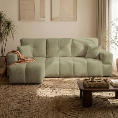 Produktbild von Universelles Ecksofa Casidi L mit Schlaffunktion Centaur 13 Salbeigrün Boucle Bettkasten