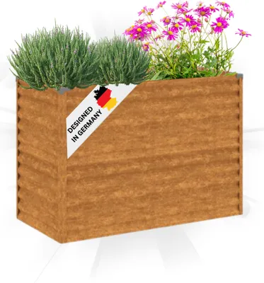 A planter box with plants and a "Designed in Germany" label.