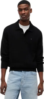 Image de Pull Tommy Jeans pour homme, coupe slim, modèle Essential avec col polo, couleur noire, taille XS