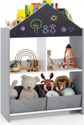 Produktbild von GOPLUS 2 in 1 Kinder Bücherregal, Whiteboard & Tafel 2-in-1, Spielzeugregal mit 6  Fächern & 2 Stoffboxen, Standregal Aufbewahrungsregal