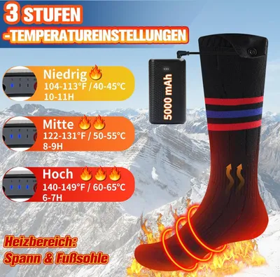 Produktbild von Beheizte Socken, Wiederaufladbare Heated Socks Herren Damen, Fußwärmer Heizsocken 3 Einstellbarer Temperatur, 5000mAh Akku Fusswärmer Elektrisch Warme Socken für Skifahren Outdoor Hiking Riding