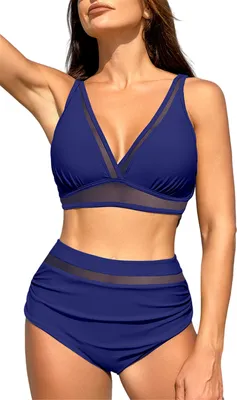 Produktbild von ASKSA Damen Bikini Set Push Up Bauchweg Badeanzug y V Ausschnitt Zweiteiliger Bademode Swimsuit, Dunkelblau, Groesse: M