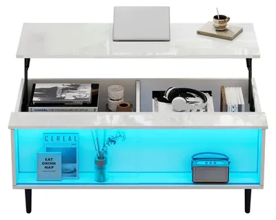 Immagine prodotto di Tavolino con spazio contenitore - Tavolino da soggiorno regolabile in altezza - Rettangolare - Illuminazione LED - Piano in vetro - 105×50×43 cm - Bianco