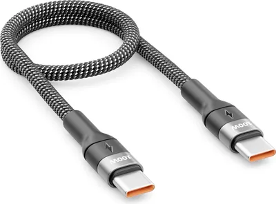 A USB-C to USB-C cable with a braided black and white cord and gray connectors.