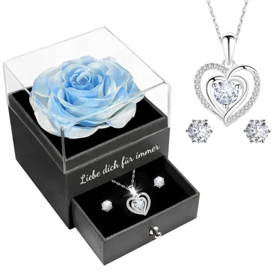 Ewige Rose mit Herz-Halskette & Ohrringen, Silber 925, Geschenk für Frauen