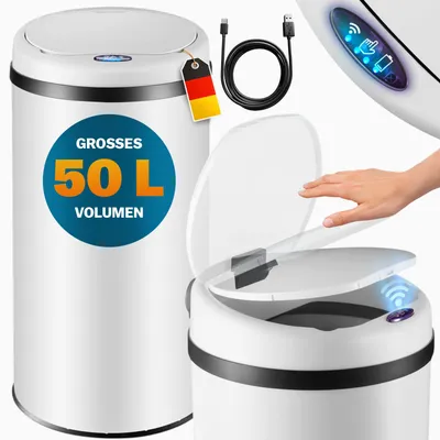 Produktbild von MONZANA® Mülleimer Küche mit Sensor Leise 50L Edelstahl USB Ladekabel Deckel Berührungslos Abfalleimer Automatik Hygienisch Papierkorb Wasserdicht Büro Weiß Recycling