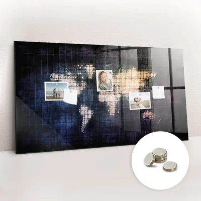 Obrázok produktu pre Magnetická tabuľa na stenu - Memo Tabuľa Sklenená - vrátane 5 magnetov - 120x60 cm - Abstraktná mapa sveta