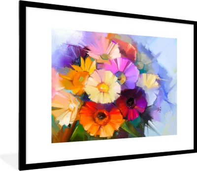 Produktbild von MuchoWow® MuchoWow® Gerahmtes Poster Ölfarbe - Farben - Blumen 80x60 cm - Poster mit zchwarzem Bilderrahmen - Schlafzimmer-Dekorationen - Fotoposter
