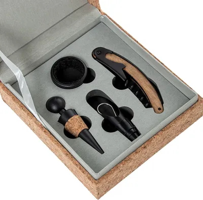 Produktbild von 4-teiliges Weinaccessoire-Set in einer Korkbox, Beige und Schwarz, 17 x 15 x 5,5 cm