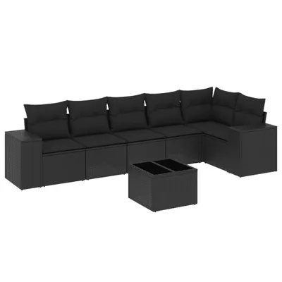 Image de Salon de jardin modulaire 7 pièces, résine tressée noire, avec table en verre trempé et coussins déhoussables lavables, résistant aux UV