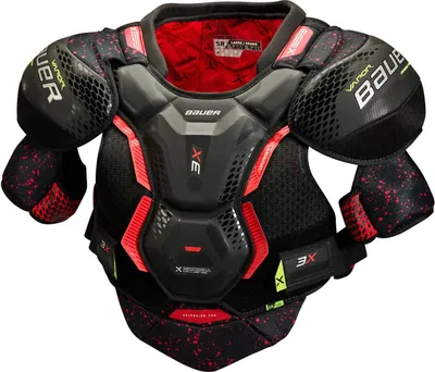 A black and red Bauer Vapor 3X hockey shoulder pad is shown against a white background.
