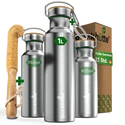 Produktbild von Blockhütte Premium Edelstahl Trinkflasche isoliert I 1L I mit Bürste I Isolierflasche auslaufsicher I Wasserflasche spülmaschinenfest