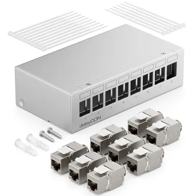 Produktbild von deleyCON 8 Port Patchpanel Set Patchfeld Verteilerfeld 1HE + 8x RJ45 Keystone Jack Modul STP CAT6a Kompatibel mit Verlegekabel CAT5 CAT6 CAT6a CAT7 Netzwerkkabel Ethernet LAN DSL - Grau