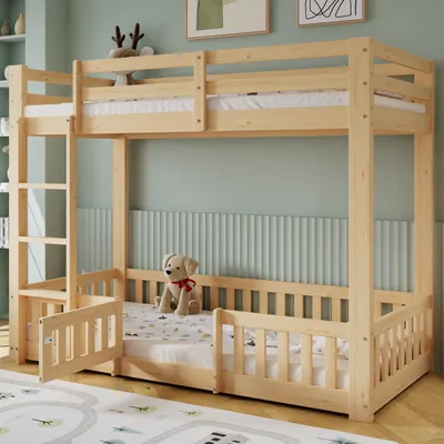 Produktbild von okwish Etagenbett Stockbett 90x200cm mit rechtwinkliger Treppe, Hochbett mit Rausfallschutz und Gitter, Massivholzbett Kinderbett Bettgestell mit Zäune und Türchen, Naturbelassen