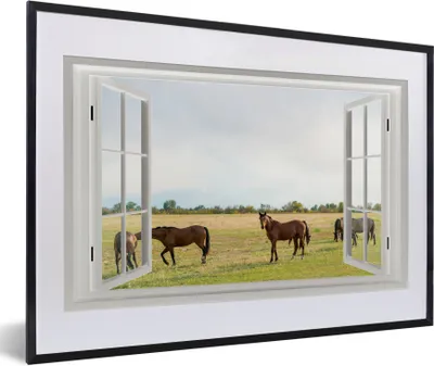 Produktbild von MuchoWow® MuchoWow® Gerahmtes Poster Aussicht - Pferde - Gras 60x40 cm - Poster mit zchwarzem Bilderrahmen - Schlafzimmer - Plakat in Rahmen - Drucken