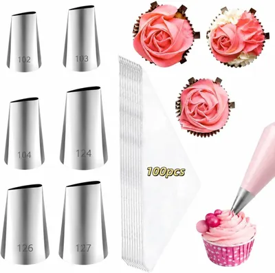 Imagen del producto de Conjunto de mangas pasteleras con 6 boquillas de acero inoxidable, 100 mangas pasteleras desechables, para decoración de cupcakes