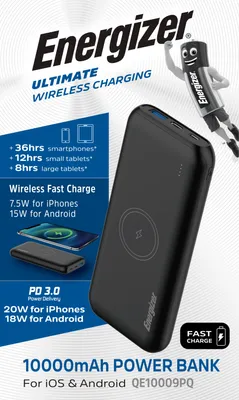 Produktbild von Energizer QE10009PQ, 10000 mAh, Lithium Polymer (LiPo), Kabelloses Aufladen, 20 W, Schwarz