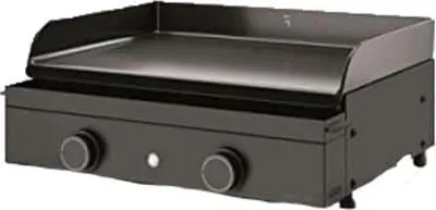 A black gas plancha grill is shown from a slightly elevated front-left angle against a white background.