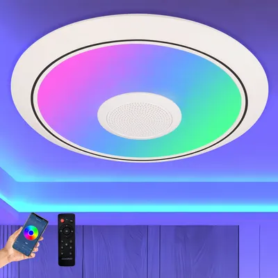 A modern LED ceiling light with integrated Bluetooth speaker, controlled via a smartphone app and remote control, displaying a colorful gradient of light.