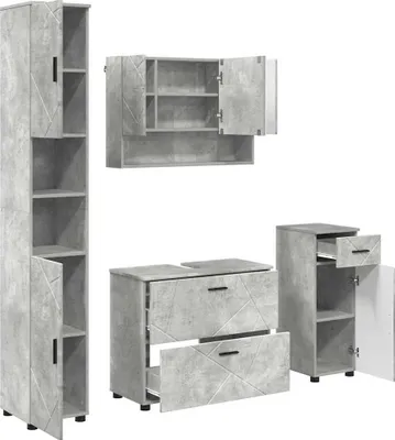 Imagen del producto de Conjunto de muebles de baño de 4 piezas, color gris cemento, fabricado en contrachapado y metal