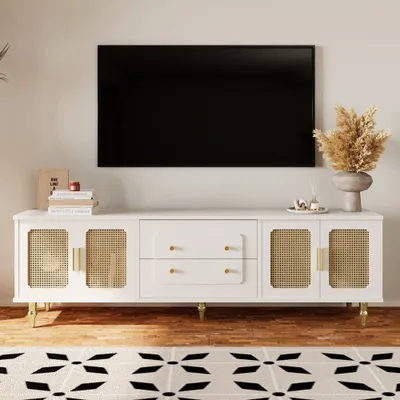 Produktbild von Lowboard TV-Möbel 175x38x55.5 cm im Retro-Stil goldene Griffe viel Stauraum Mit Rattantür und Metallbeinen Weiß